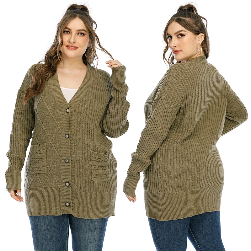 Fall thickened pocket jacket button fashion plus size sweater cardigan for women