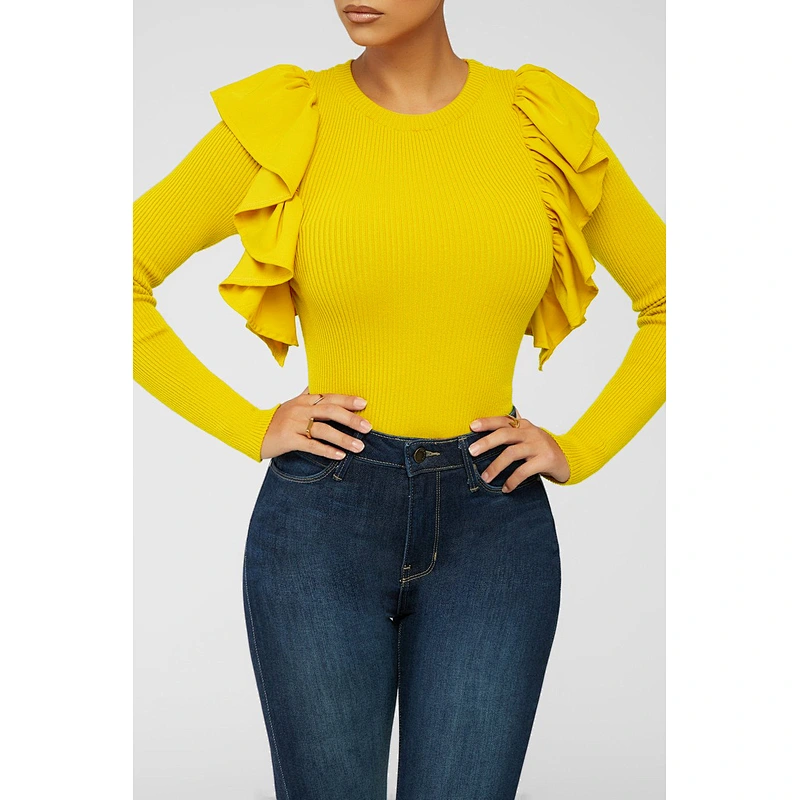 Autumn winter new ruffled sleeve clothes basic casual fashion women basic sweaters