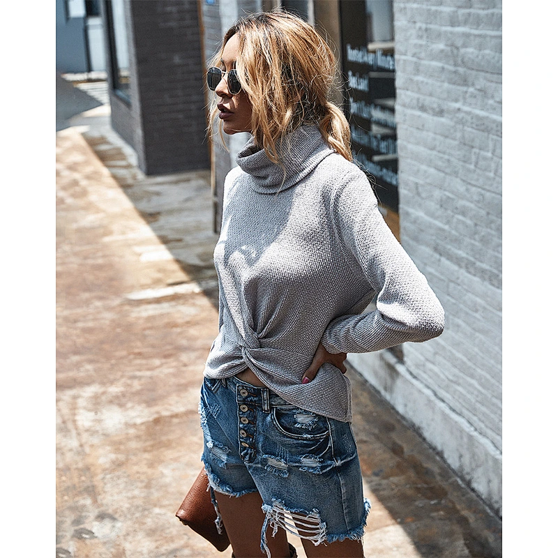 Women sweaters pure color turtleneck sweater irregular casual knit sweater wholesale custom