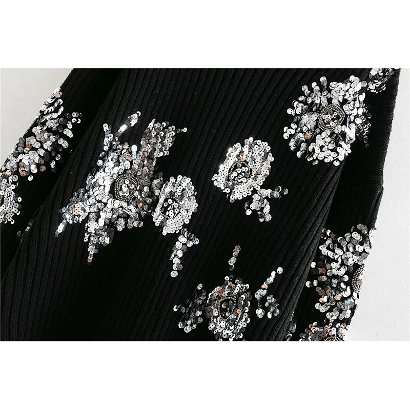 Women Beading Sequins Loose Knitted Sweaters Vintage High Collar Female Pullovers sweaters