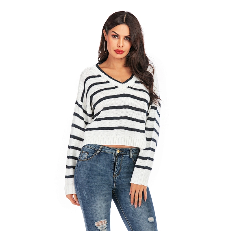 Pullover V-neck apparel striped loose knitwear women fashion sweater