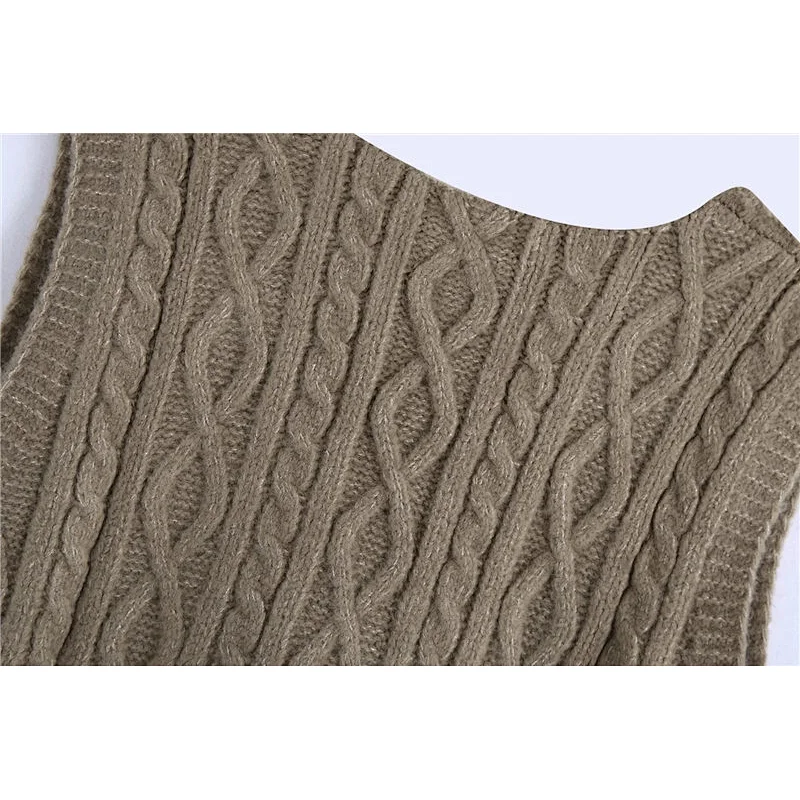 Women Ribbed Trims Cable Knitted Vest Sweaters Vintage V Neck Sleeveless Vest