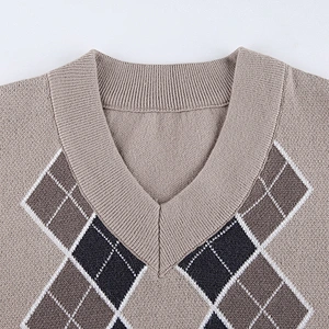 Loose thin long sleeve blouse rhombus autumn print brown chunky knit women's sweater
