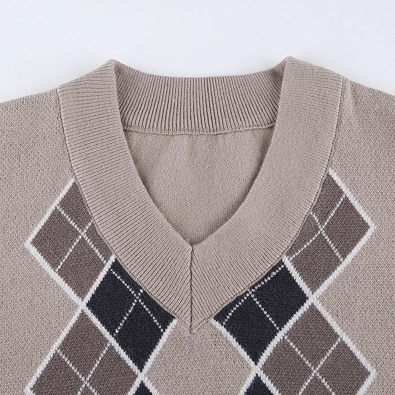 Loose thin long sleeve blouse rhombus autumn print brown chunky knit women's sweater