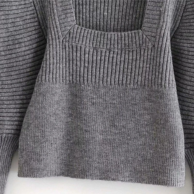 Vintage Square Collar designer sweater woman trendy white  Puff Sleeve Cropped Knitted sweater