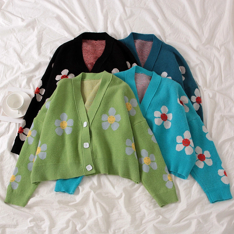 Flower Knit Cardigans Sweater Women V Neck Loose elegant Thickened Pull Print Short Casual Cardigan