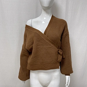 Winter lace-up solid color women's knitted sweater