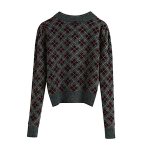 Fashion Argyle Cropped Knitted Sweater Vintage Round Lapel Collar winter Pullovers Blouse