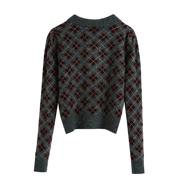 Fashion Argyle Cropped Knitted Sweater Vintage Round Lapel Collar winter Pullovers Blouse