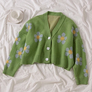 Flower Knit Cardigans Sweater Women V Neck Loose elegant Thickened Pull Print Short Casual Cardigan