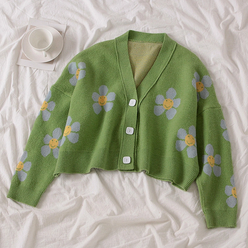 Flower Knit Cardigans Sweater Women V Neck Loose elegant Thickened Pull Print Short Casual Cardigan