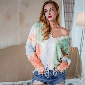 Knit V-neck fringe smudge tie dyeing plus size women pullover fashion sweaters