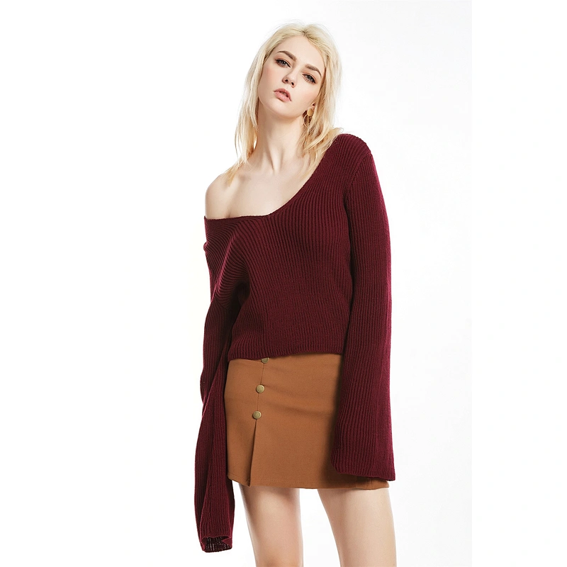 Flared sleeve pullover knitwear sexy V-neck cropped top fashion sweater