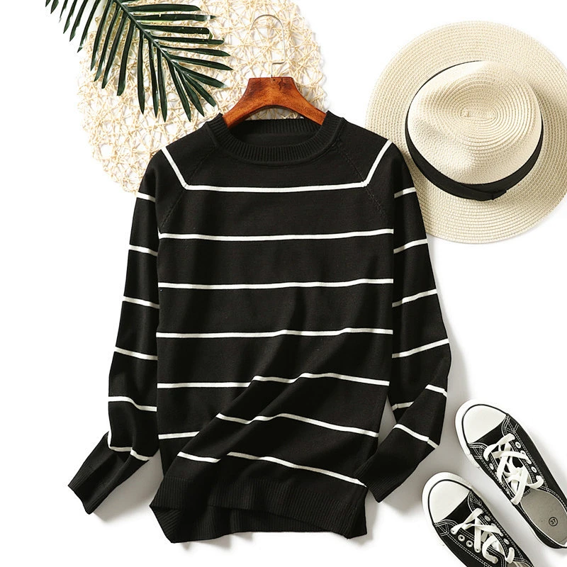 Simple long-sleeved knitted sweaters women round neck striped pullover