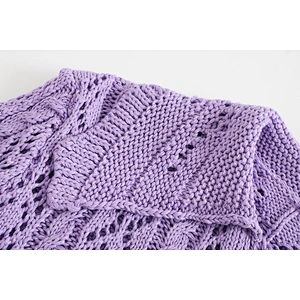 Knitted Cardigan Women Purple Green Sweater Hollow Long sleeve V neck Blouses