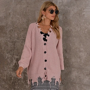 Solid color winter button V-neck knitted sweater cardigan Mid-length women sweaters