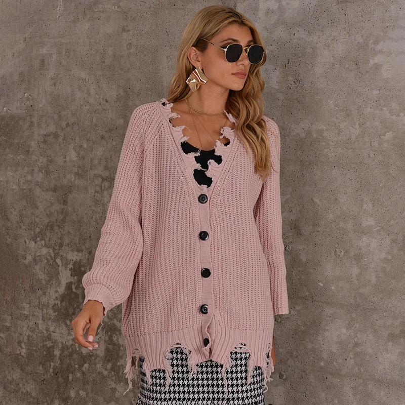 Solid color winter button V-neck knitted sweater cardigan Mid-length women sweaters