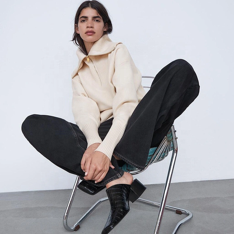 Ribbed Trim Loose Knitted Zip-up casual zipper sweater women High Collar turtle neck oversized sweaters