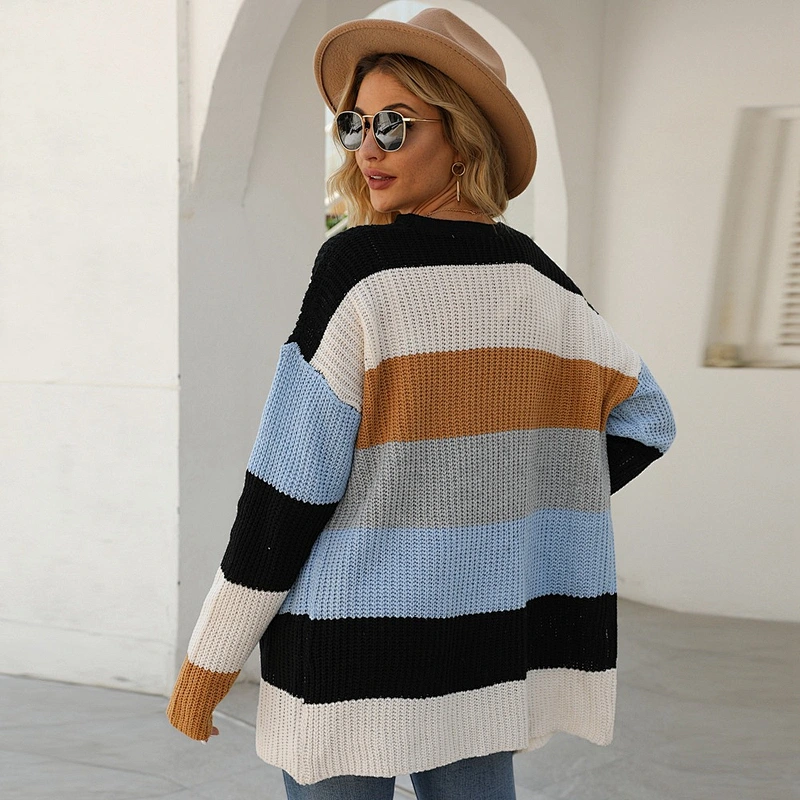 Ladies fashion color block knit cardigan thin striped women knitwear sweaters with pocket