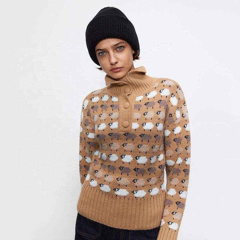 High Neck pullover hoodies womens with Buttons Loose Jacquard  trendy women sweaters