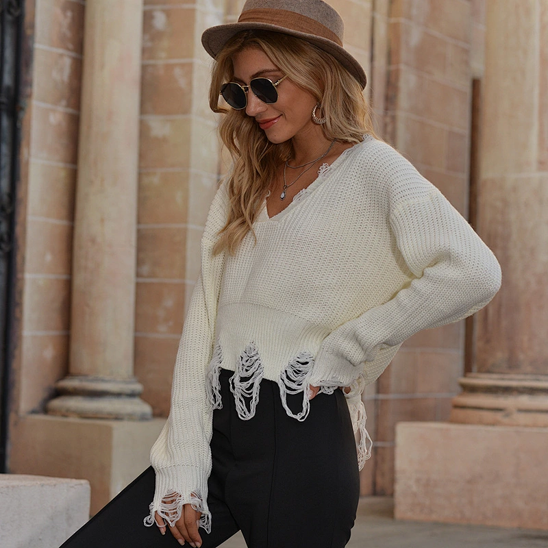 Autumn winter girls stylish knitted pullover sweater women's V neck fringed frayed short sweater