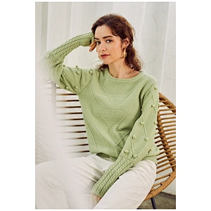 Elegant pompon women long sleeve knitted sweater streetwear ladies green pullover