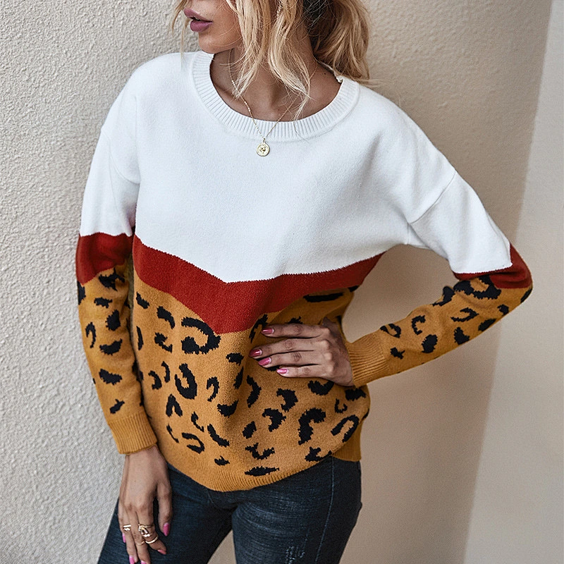 Women sweater trendy stitching leopard knit sweater wholesale hoodie apparel stock sueter mujer