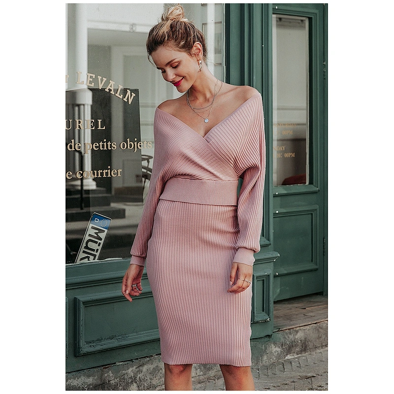 Pink Sexy v-neck women knitted sweater Dress Slim Fit Women Lady Elegant Bodycon Casual Dress