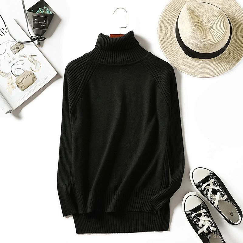 Thick 12GG women pullover long sleeve knitwear turtleneck side slit casual sweater
