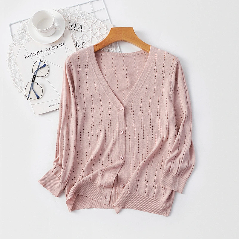 Ladies Hollow Pattern Knitted Sweater Autumn Women Thin Knit Cardigan