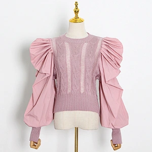 Autumn new style fashion retro puff sleeve tops round neck stitching knit sweater for women