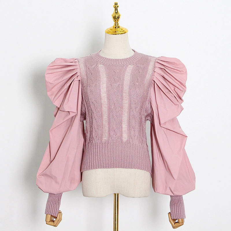 Autumn new style fashion retro puff sleeve tops round neck stitching knit sweater for women