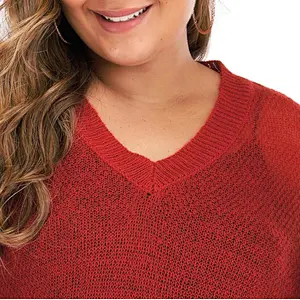 Plus size women solid color V-neck thin sexy hollow long-sleeved pullover sweaters