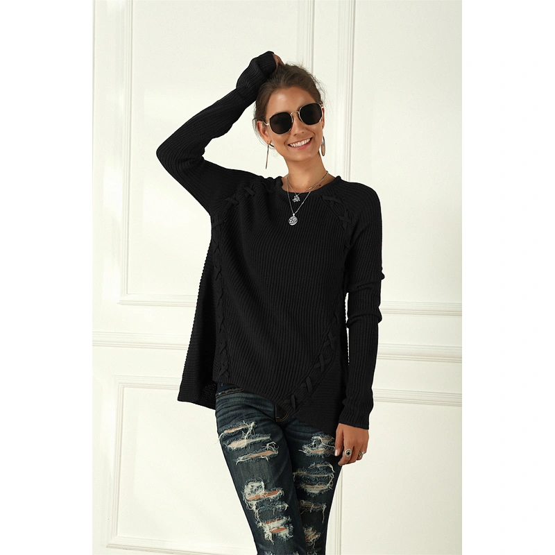 Pullover women apparel drawstring long-sleeved sweater fashion casual knitwear