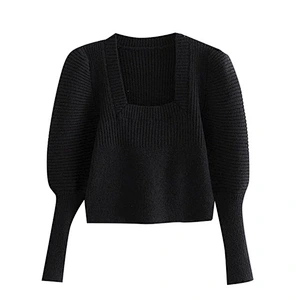 Vintage Square Collar designer sweater woman trendy white  Puff Sleeve Cropped Knitted sweater