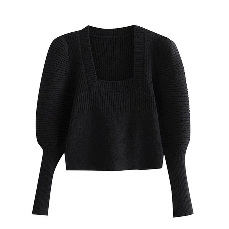Vintage Square Collar designer sweater woman trendy white  Puff Sleeve Cropped Knitted sweater