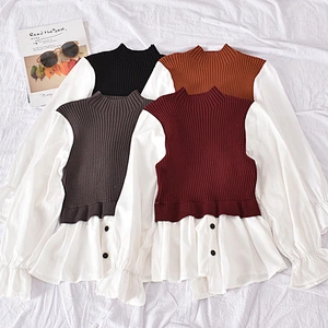Niche knitting lotus leaf shirt sweater slim lantern long-sleeved new style women blouses