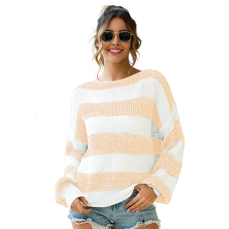 Korean style knitted & cotton long sleeve loose striped sweaters for women