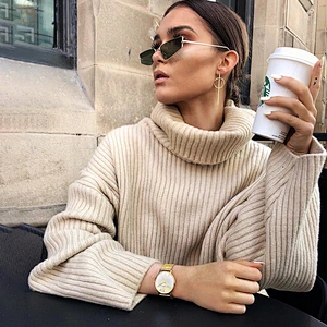 Women clothing high collar pure color sweater casual elegant fall apparel stock