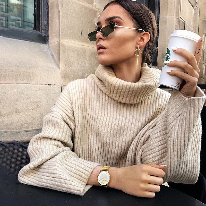 Women clothing high collar pure color sweater casual elegant fall apparel stock