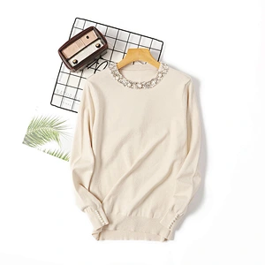 Winter beaded pullover blouses tops knitted women round neck long-sleeved sweater