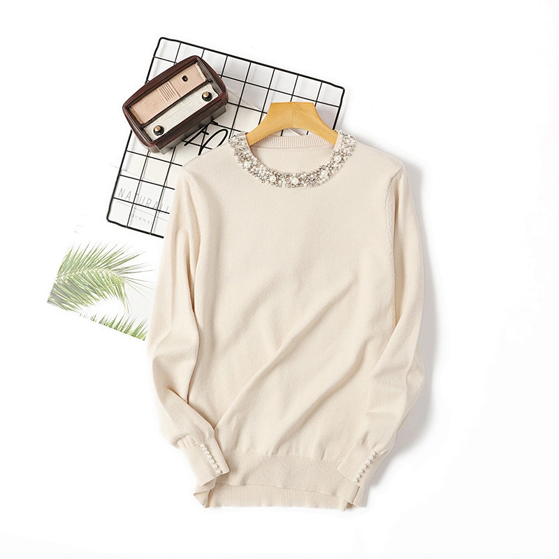 Winter beaded pullover blouses tops knitted women round neck long-sleeved sweater