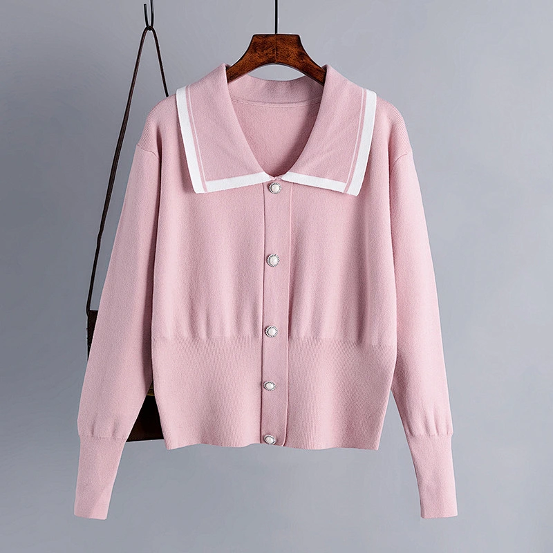 pearl button loose cardigan sweater women long sleeve collar top short jacquard turtleneck knit sweater