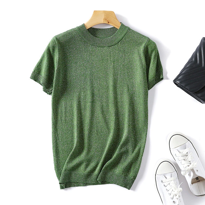 Short sleeve solid color round neck knitted female T-shirt for women summer sweater