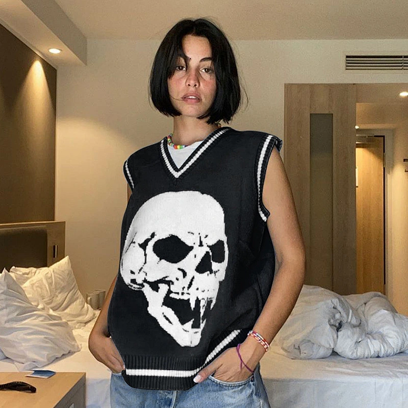 Skull print V neck loose casual sweater vest women fashion oversized women vest sweater