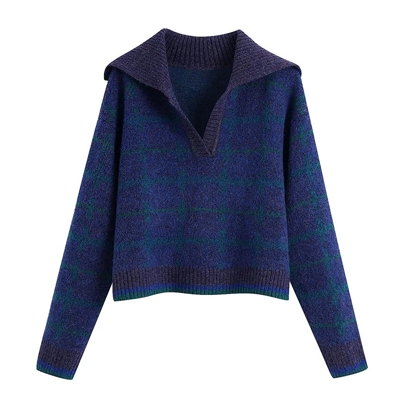 Fashion With Ribbed Trim Check Cropped sweater hoodies for women Pullovers Chic Tops jaquard  knit oversized sweater