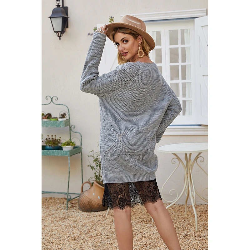 Autumn lace dress round neck knitwear loose solid color long sweater dress