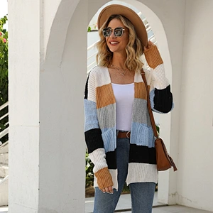 Ladies fashion color block knit cardigan thin striped women knitwear sweaters with pocket