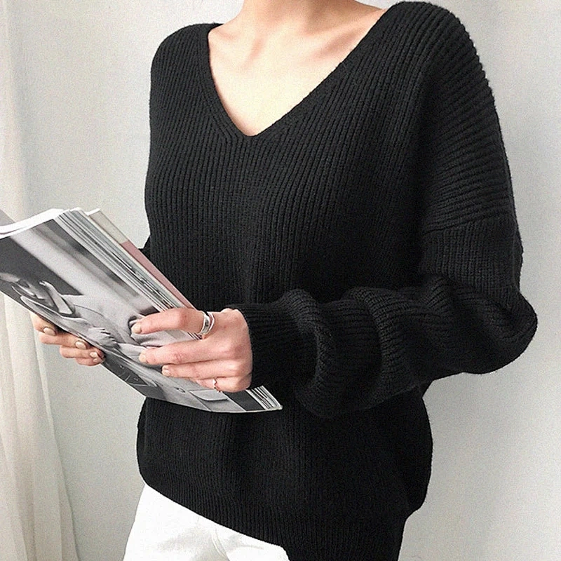 Autumn Winter Casual V Neck Women Pullover Sweater Solid Long Sleeve Loose Knitted Tops