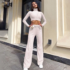 Fashion high necked pants sexy 2 piece corset sweater set women solid color slim sportswear